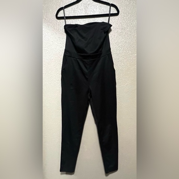 Strapless Elegant Black Satin Structured Jumpsuit Classy Dressy Chic - Picture 2 of 9